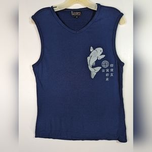 Blue Stretch Koi Tank Top M Sleeveless Blouse Rare Johnny Angel Unisex Vneck